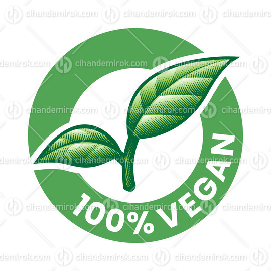 100% Vegan Engraved Round Icon with 2 Green Leaves - Icon 4
