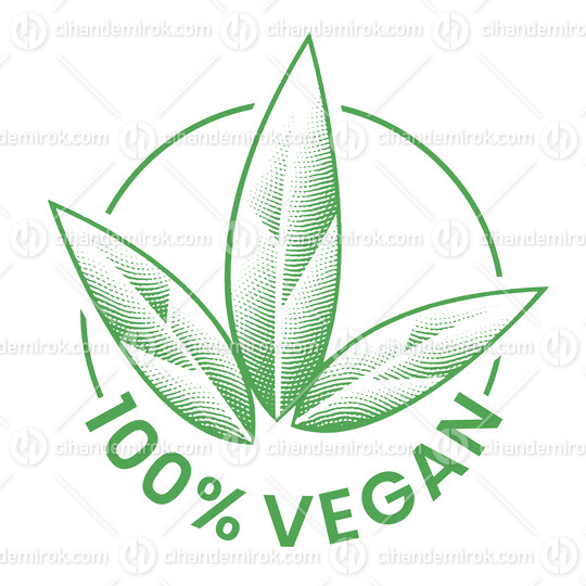 100% Vegan Engraved Round Icon with 3 Green Leaves - Icon 3