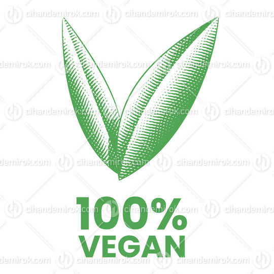 %100 Vegan Icon with Engraved Green Leaves