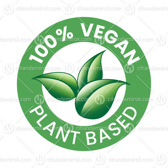 100% Vegan Plant Based Engraved Round Icon of Green Leaves