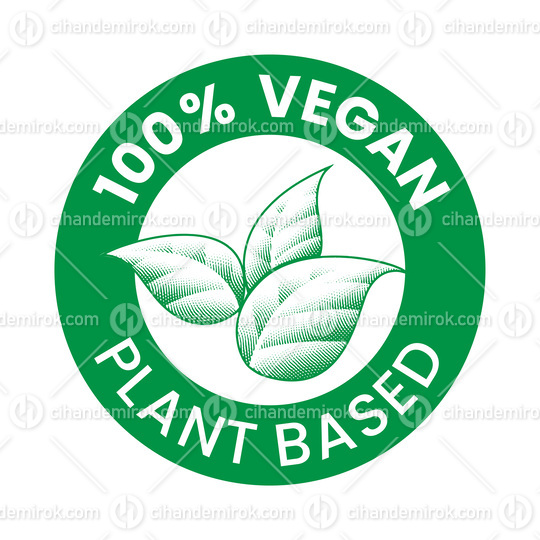100% Vegan Plant Based Engraved Round Icon with Green Shaded Lea