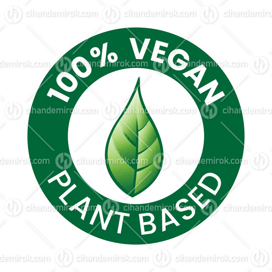 100% Vegan Plant Based Round Icon with an Engraved Green Leaf
