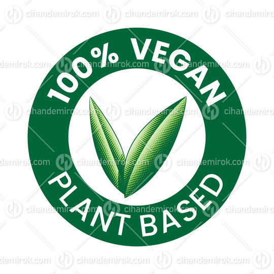 %100 Vegan Plant Based Round Icon with Engraved Green Leaves