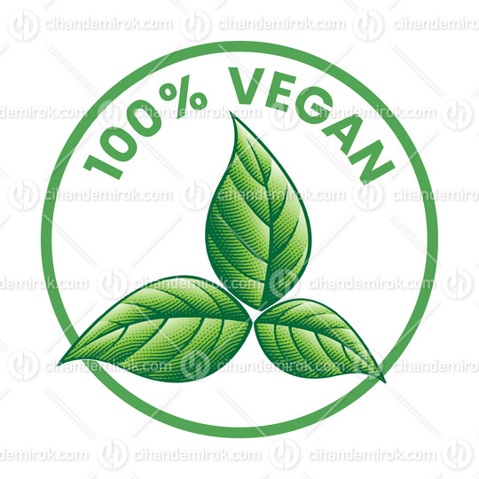 100% Vegan Round Icon with 3 Shaded Engraved Green Leaves - Icon