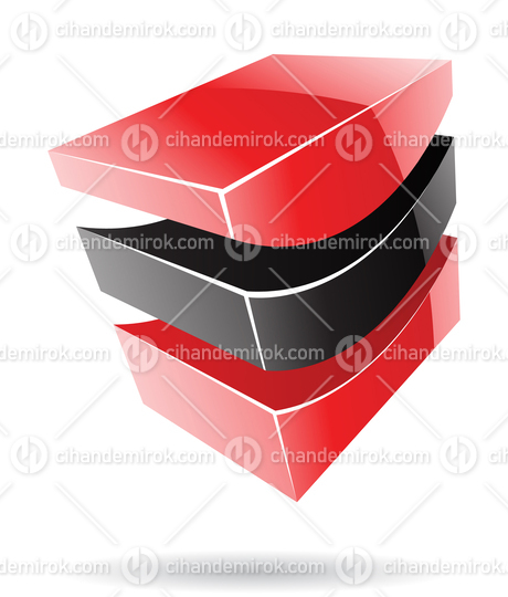 3d Abstract Glossy Metallic Logo Icon of Black and Red Wave Shape