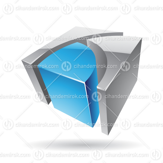 3d Abstract Glossy Metallic Logo Icon of Blue and Grey Cube Shape