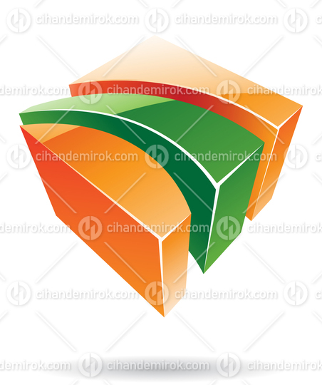 3d Glossy Abstract Metallic Logo Icon of Green and Orange Stripe Shape