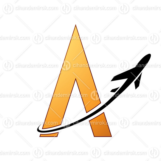Black Airplane Over a Yellow Letter A with Outlines