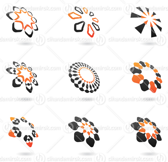 Black and Orange Abstract Flower like Icons and Design Elements 