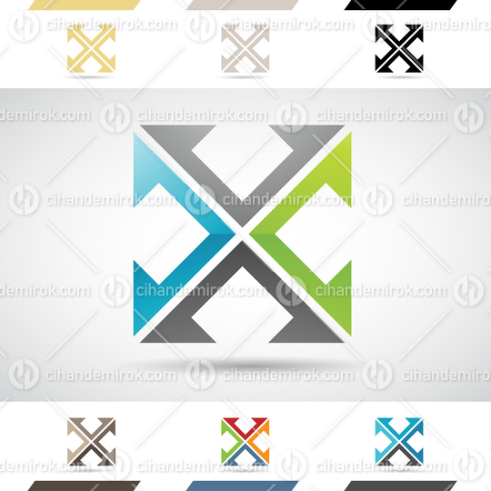 Black Blue and Green Abstract Glossy Logo Icon of Letter X with Arrow Shapes