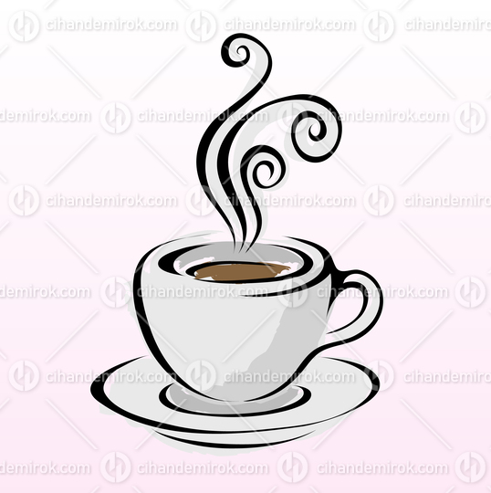 Black Coffee Cup and Plate Icon with 3 Swirly Smoke Shapes