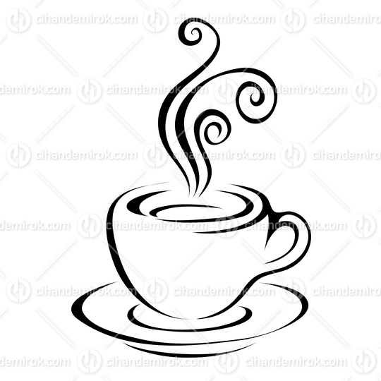 Black Line Art Minimalist Coffee Cup Icon with 3 Swirly Smoke Shapes