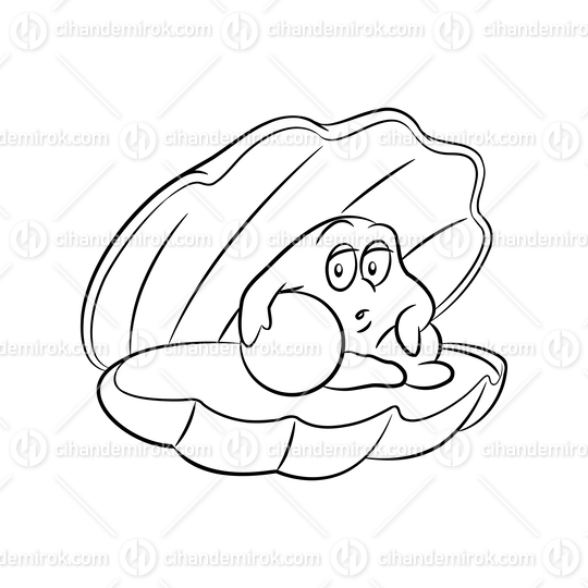 Black Line Art Shell and Pearl Cartoon on a White Background