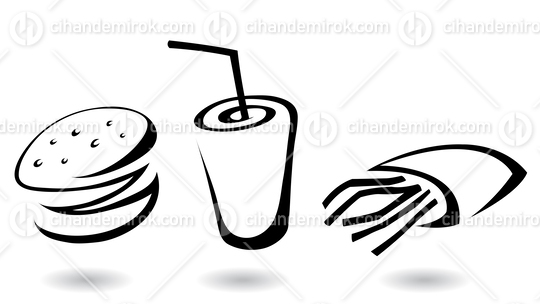 Black Minimalist Fast Food Icons of a Burger, Soft Drink and Fri