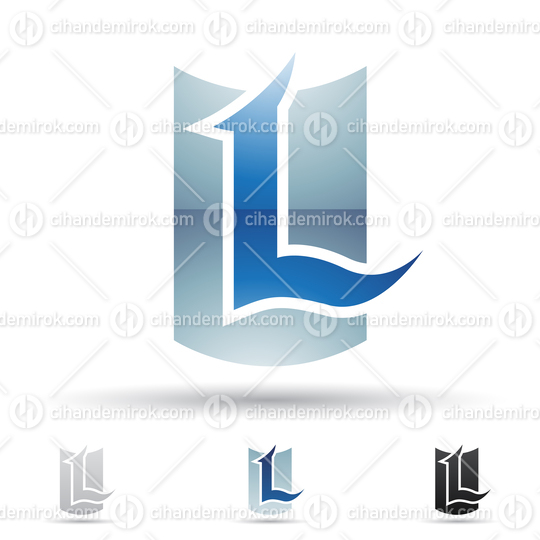 Blue Abstract Glossy Logo Icon of a Curved Spiky Letter L with a Shield Shape