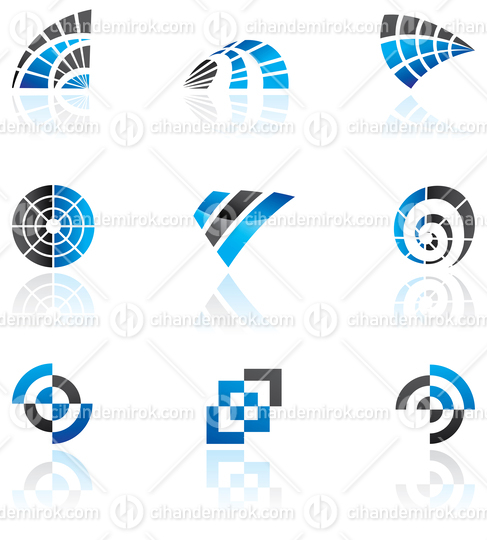 Blue Abstract Icons of a Hand Fan, Radar, Crest, Target and Swir