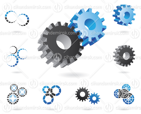 Blue and Black 2d and 3d Abstract Cog Icons