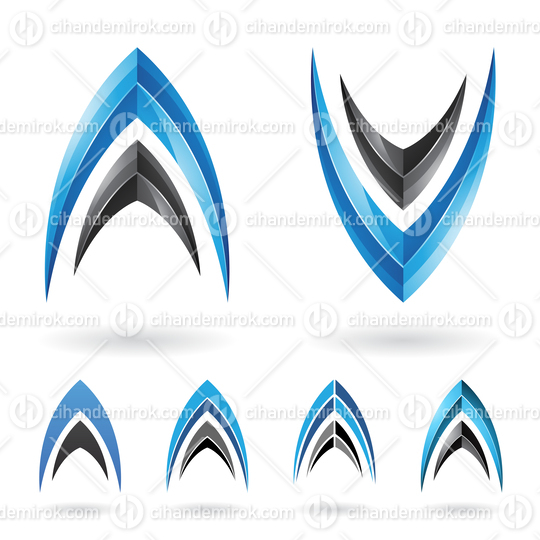 Blue and Black Abstract Fishbone Shaped Icons for Letters A and  V
