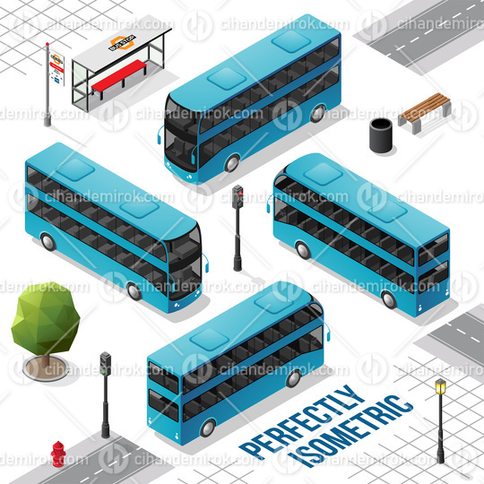 Blue and Black Double Decker Isometric Bus from the Front Back Right and Left