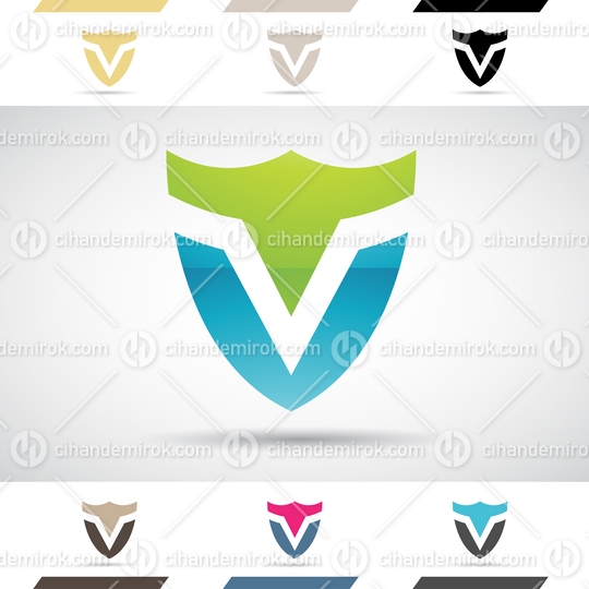 Blue and Green Abstract Glossy Logo Icon of Shield Shaped Letter V