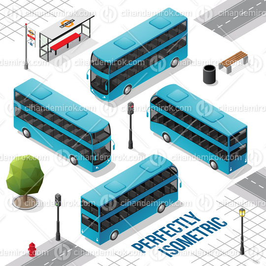 Blue Double Decker Isometric Bus from the Front Back Right and Left