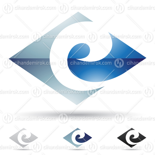 Blue Glossy Abstract Logo Icon of Swirly Letter E in a Horizontal Diamond Shape