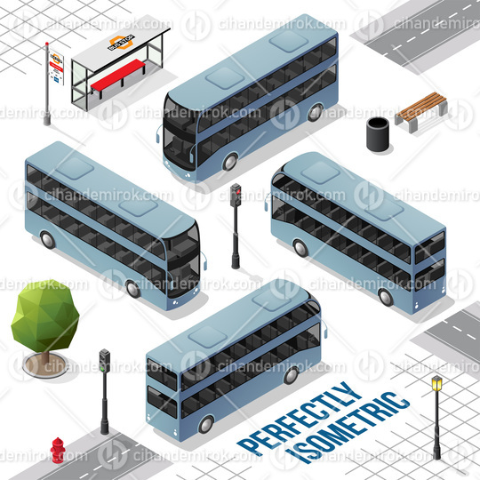Blue Grey and Black Double Decker Isometric Bus from the Front Back Right and Left