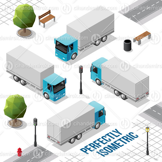 Blue Isometric Big Truck from the Front Back Right and Left View
