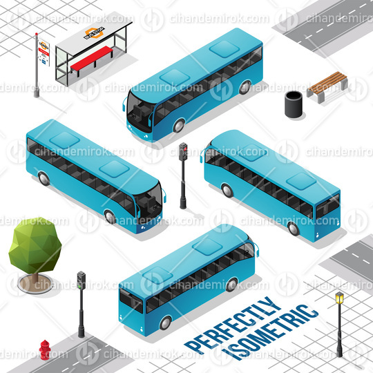 Blue Isometric Bus from the Front Back Right and Left