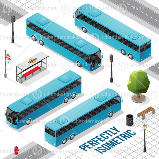 Blue Long Isometric Bus from the Front Back Right and Left