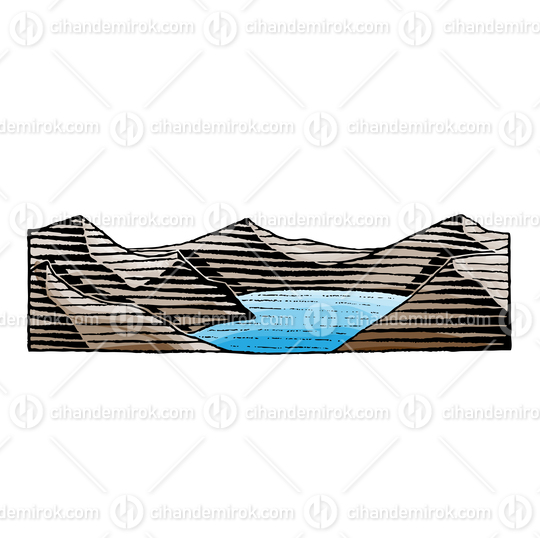 Brown and Blue Mountains and Sea, Scratchboard Engraved Vector