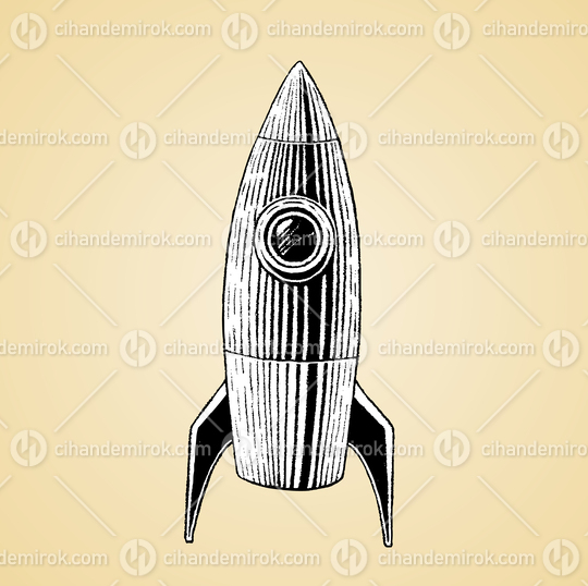 Cartoon Rocket, Black and White Scratchboard Engraved Vector