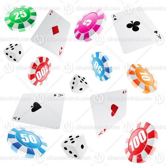 Casino Themed Seamless Pattern with Aces, Roulette Chips and Dic