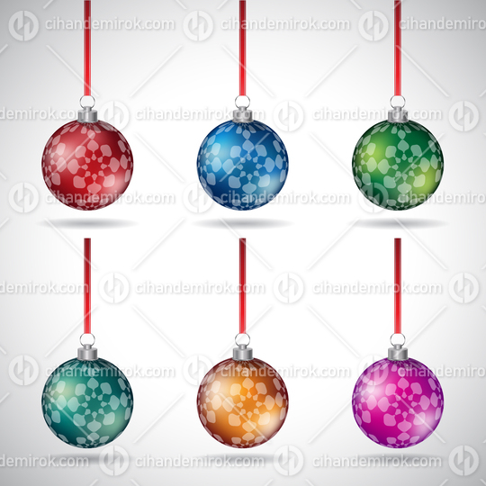 Christmas Balls with Abstract Flower Design and Red Ribbon