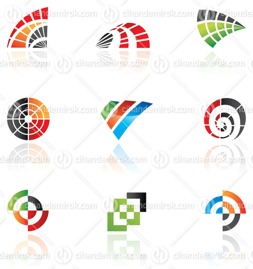 Colorful Abstract Icons of a Hand Fan, Radar, Crests, Targets an