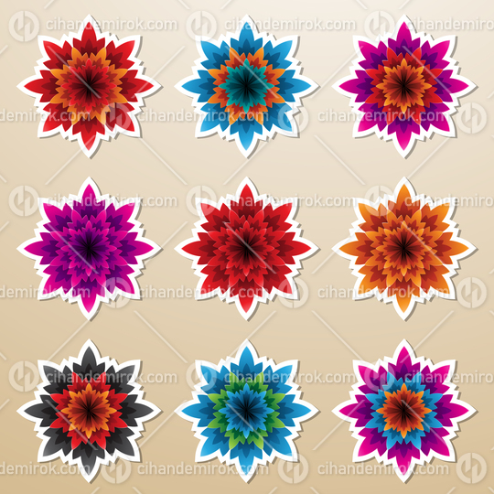 Colorful Bold Flower Stickers with Spiky Petals Vector Illustration