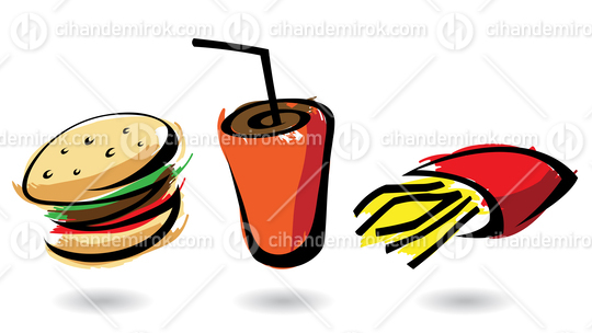 Colorful Fast Food Icons of a Burger, Soft Drink and Fries 