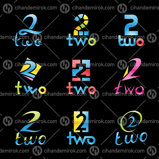 Colorful Glossy Number 2 Icons on a Black Background