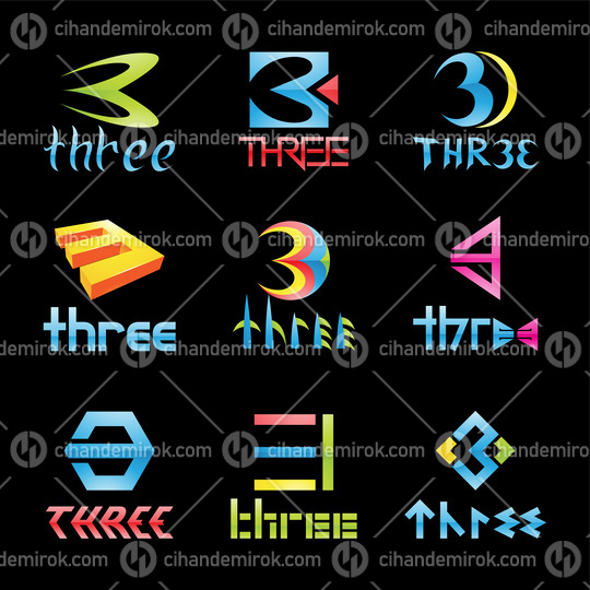 Colorful Glossy Number 3 Icons on a Black Background