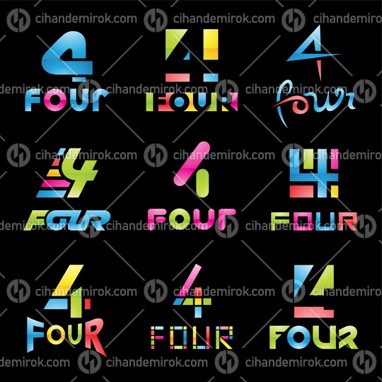 Colorful Glossy Number 4 Icons on a Black Background