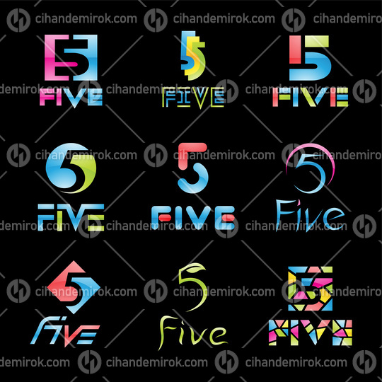 Colorful Glossy Number 5 Icons on a Black Background