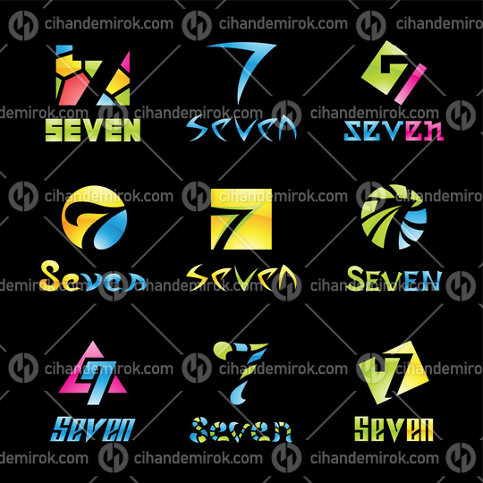 Colorful Glossy Number 7 Icons on a Black Background