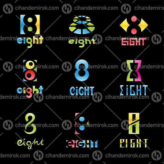 Colorful Glossy Number 8 Icons on a Black Background
