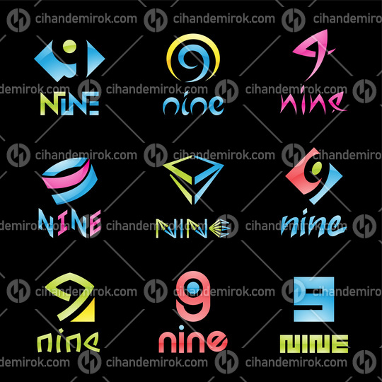 Colorful Glossy Number 9 Icons on a Black Background