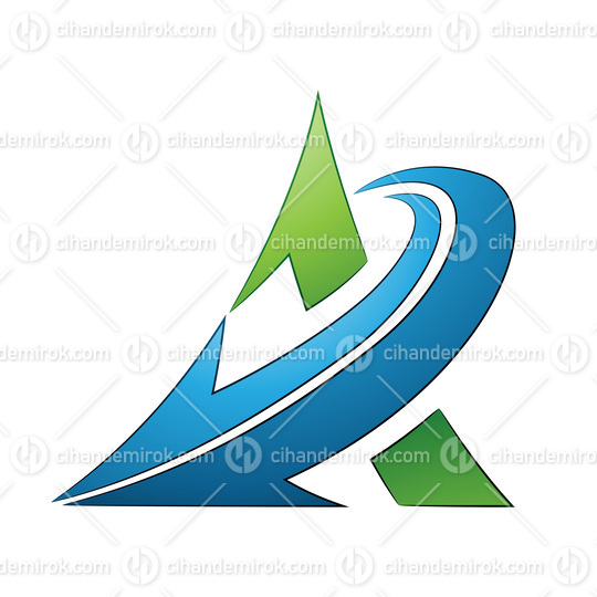 Curved Green Triangle with a Blue Arrow