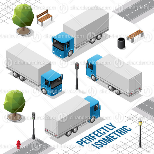 Dark Blue Isometric Big Truck from the Front Back Right and Left