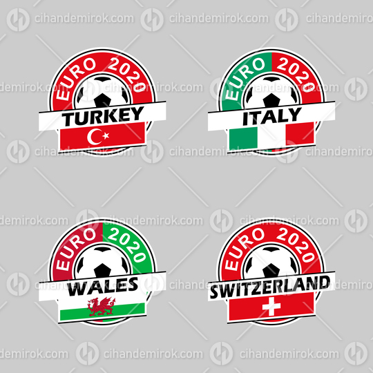 Euro 2020 Group A Country Icons with Flags of Italy, Turkey, Wales and Switzerland
