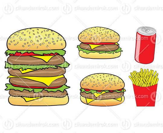 Fast Food Icons of Giant Cartoon Burgers, Fries and a Soft Drink