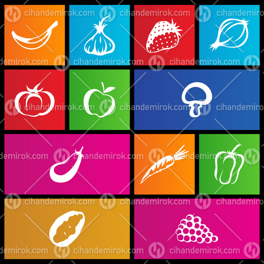 Fruit and Vegetable Icons on Colorful Square Shapes
