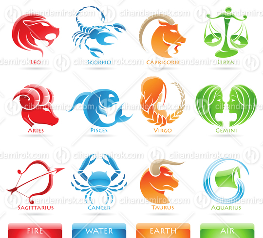 Glossy and Colorful Zodiac Star Signs Sorted by Elements